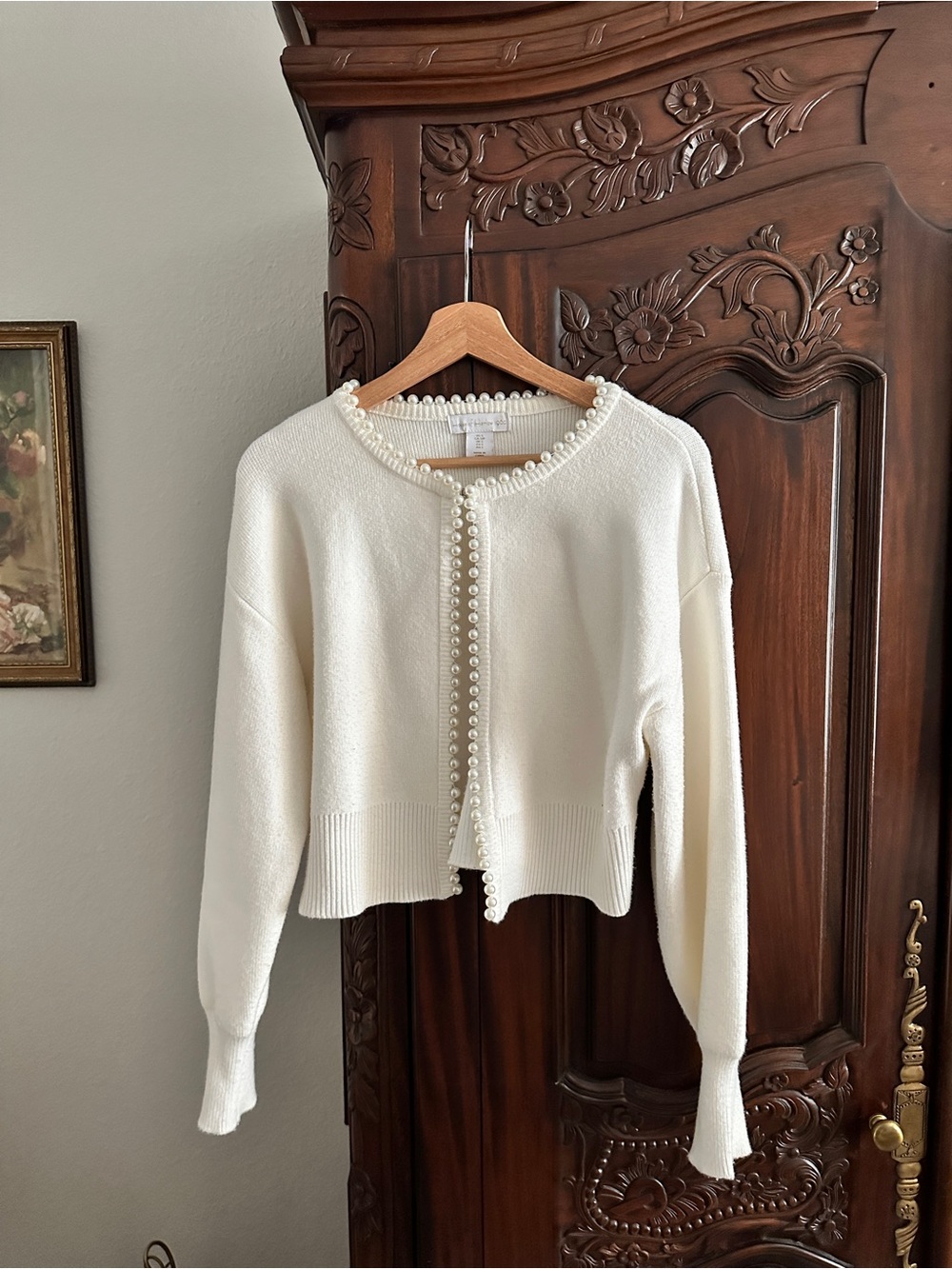 House of Harlow 1960 Pearl-Trim Cream Knit Cardigan Sweater